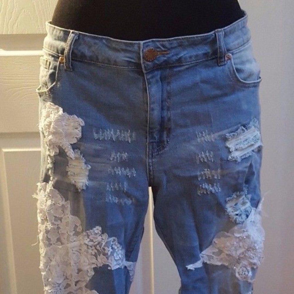 CUSTOM Boho Festival Beaded Lace Destroyed Jeans